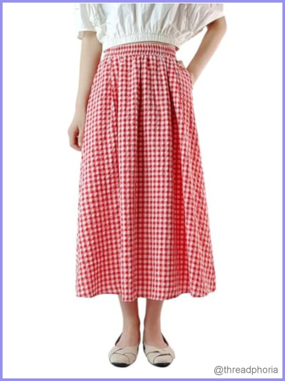 Women's High Rise Plaid A-Line Swing Midi Skirt with Pockets